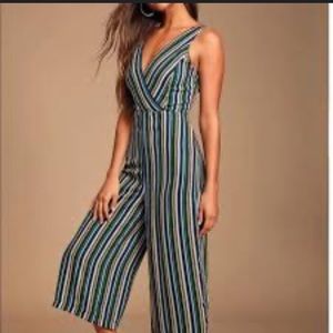 NWT Lulu’s Striped VNeck TieBack Sleeveless Wide Leg Jumpsuit SZ M